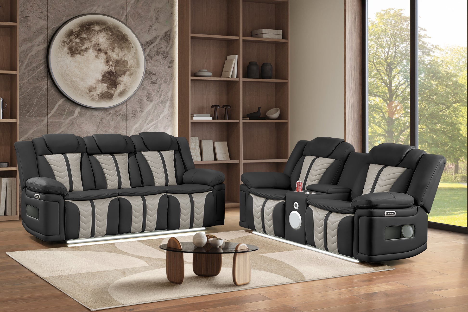 Cruiser 2‑Piece Power Reclining Set with LED Lighting, Massage, Wireless Charging & Speaker Console Made with Faux Leather in Black and Gray image 4