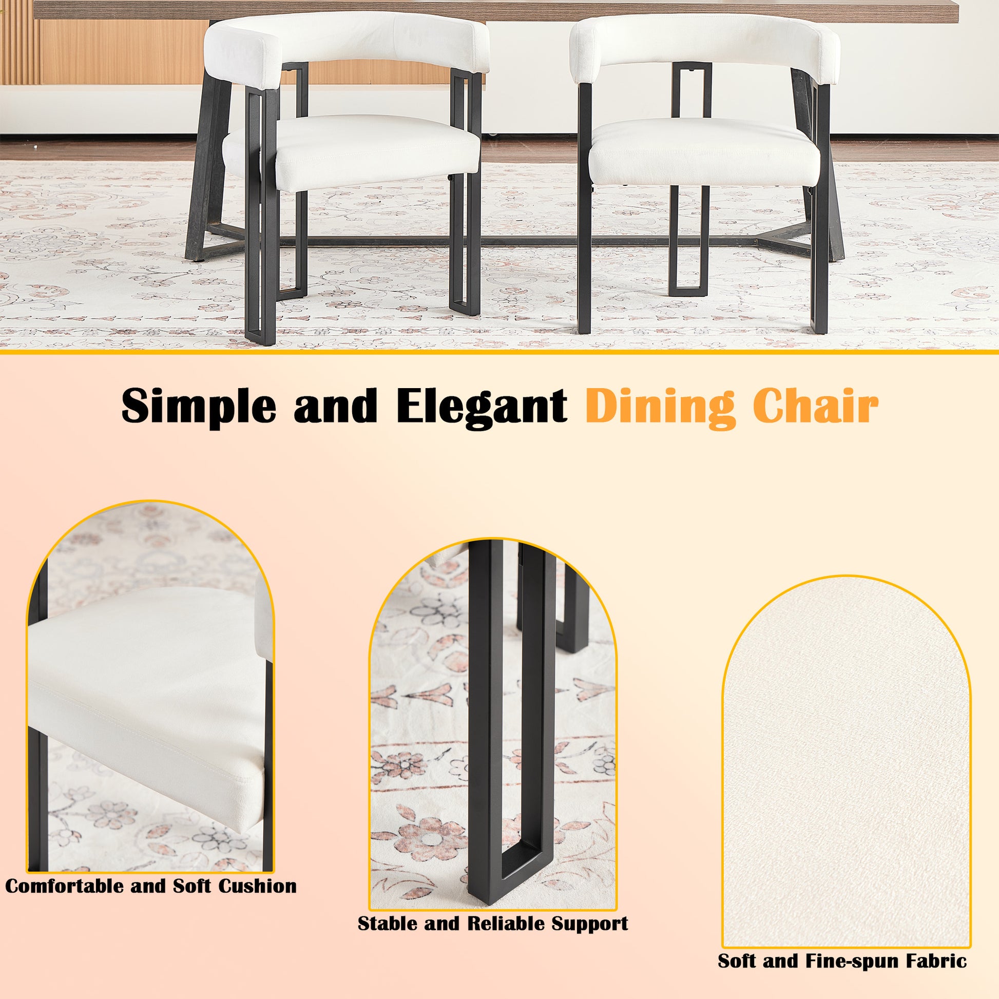 Upholstered Dining Chairs, 25.2×21.3×28.7 Inch, Soft Fabric Cushioned Accent Armchairs, Set of 2, Modern Side Chairs for Dining Room or Living Room-Beige Fabric Black Metal Frame image 5