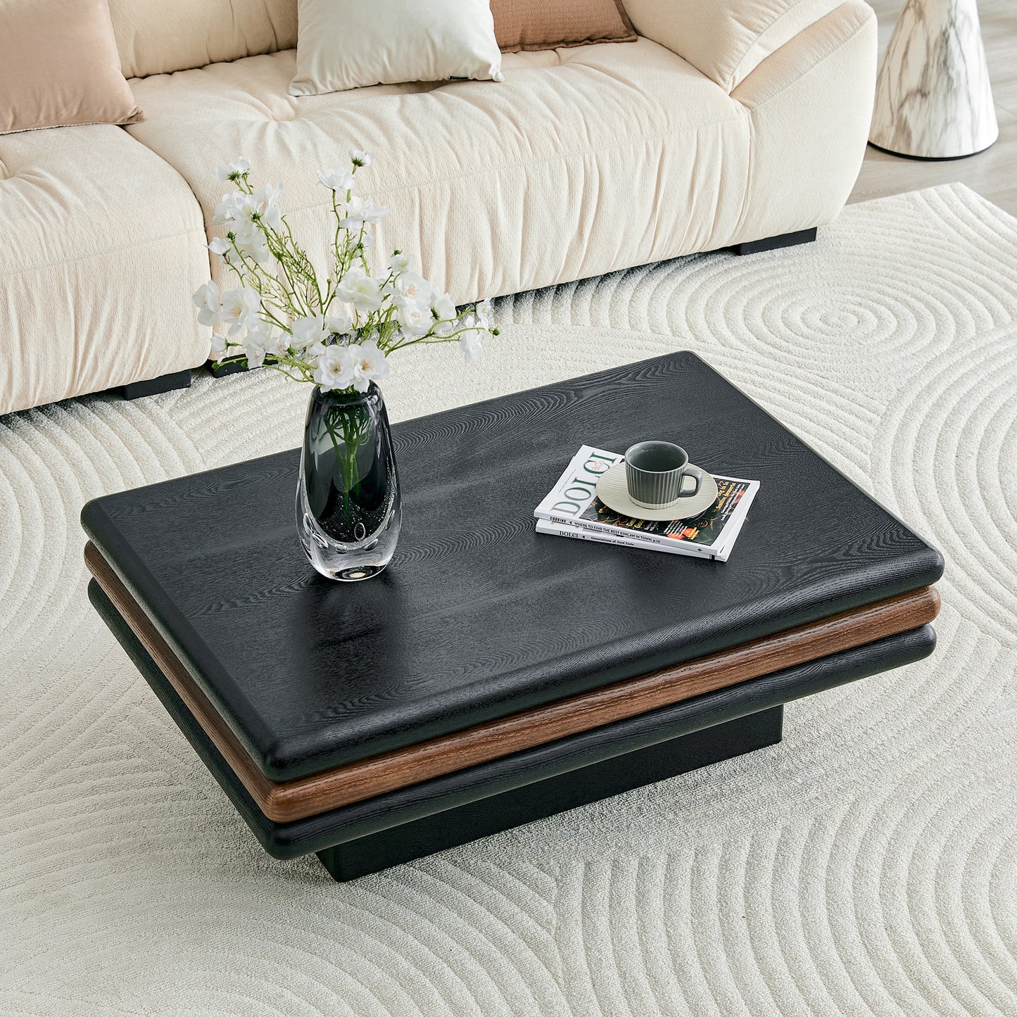 Modern 3-Tier Stacked Rectangular Coffee Table, MDF with Wood Veneer, Walnut & Black Accent Center Table for Living Room image 2