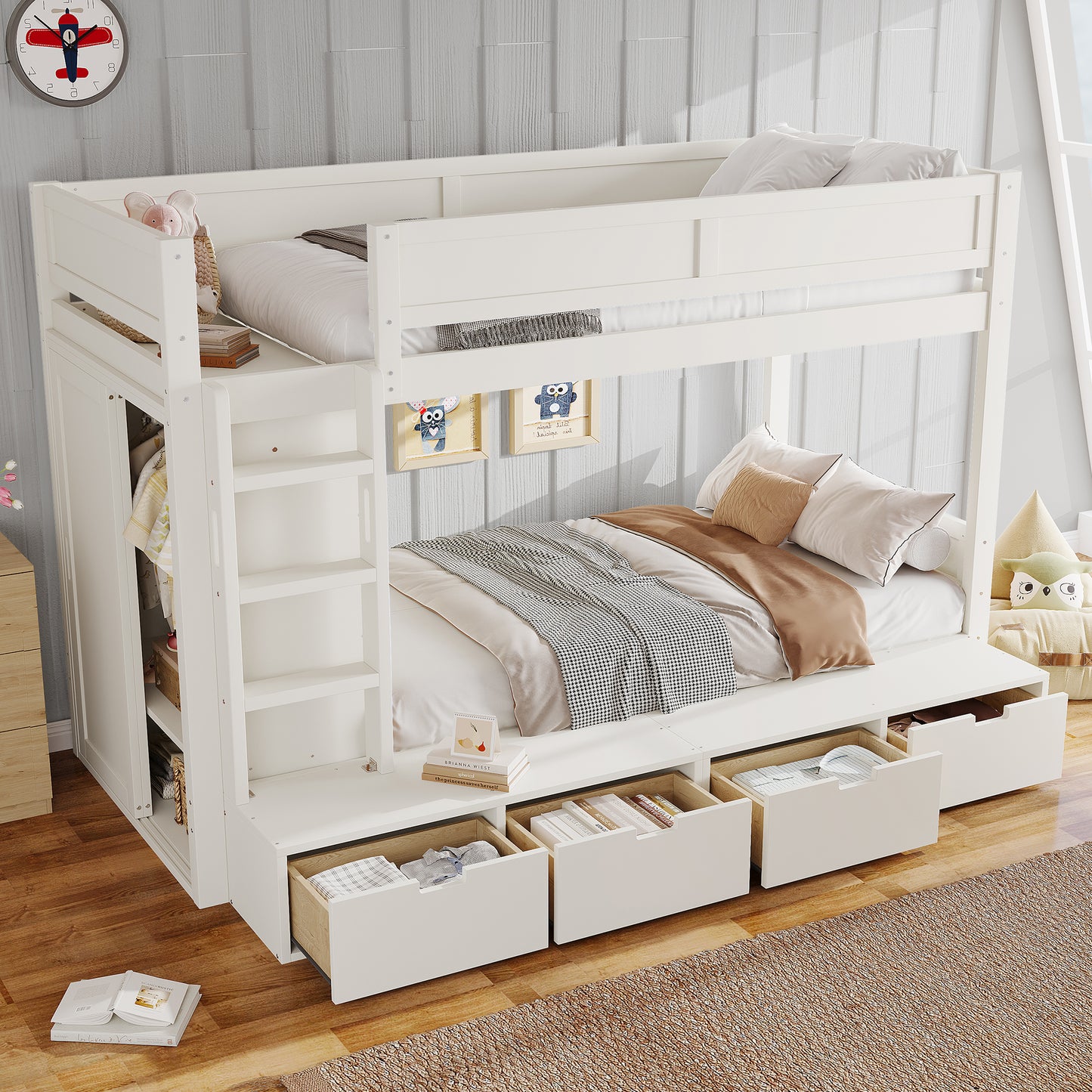 Twin over Twin Bunk Bed with 4 Storage Drawers, Solid Wood Bunk Bed with Built-in Wardrobe and Full-length Guardrails, No Box Spring Needed, Ivory image 3