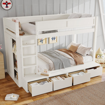 Twin over Twin Bunk Bed with 4 Storage Drawers, Solid Wood Bunk Bed with Built-in Wardrobe and Full-length Guardrails, No Box Spring Needed, Ivory image 3