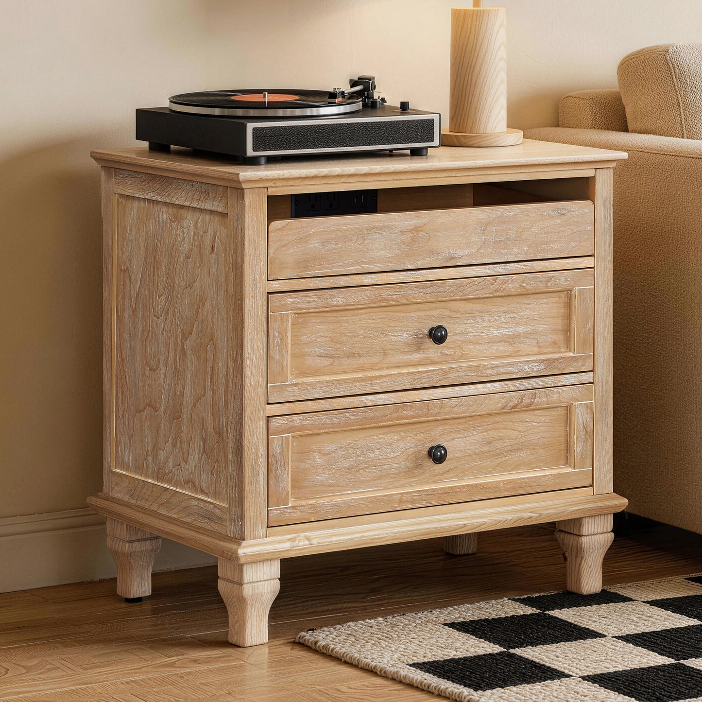 28" Wood Nightstand with Charging Station - Farmhouse Bedside Table with 3 Drawers - Front View