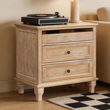 28" Wood Nightstand with Charging Station - Farmhouse Bedside Table with 3 Drawers - Front View
