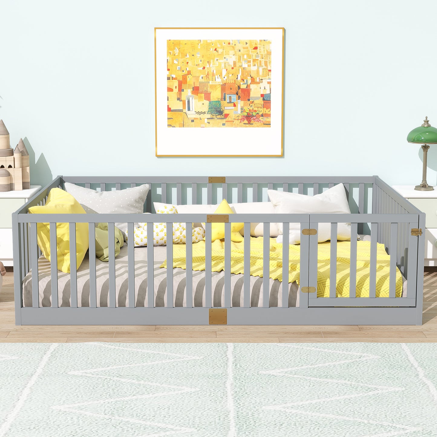 Full Size Floor Bed with High Fence Railings, with Door,6 Slats Included, Rubber Wood Floor Bed with Safety Guardrails,Grey image 3