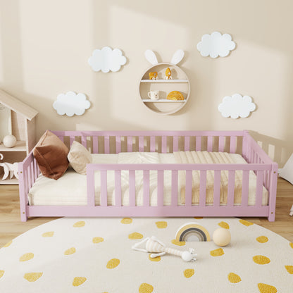 Twin Size Floor Bed with Fence without Door, Rubber Wood Floor Bed with Safety Guardrails,Pink (Old Sku W504P296798) image 1