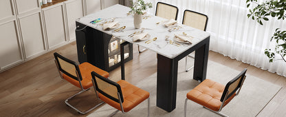 TREXM Extendable Dining Table with 3 Removable Middle Leaves, Mobile Rolling Island Table with Power Outlet, Saving-space Cabinet with Storage for Dining Room and Living Room (BLACK AND MARBLE WHITE) image 3