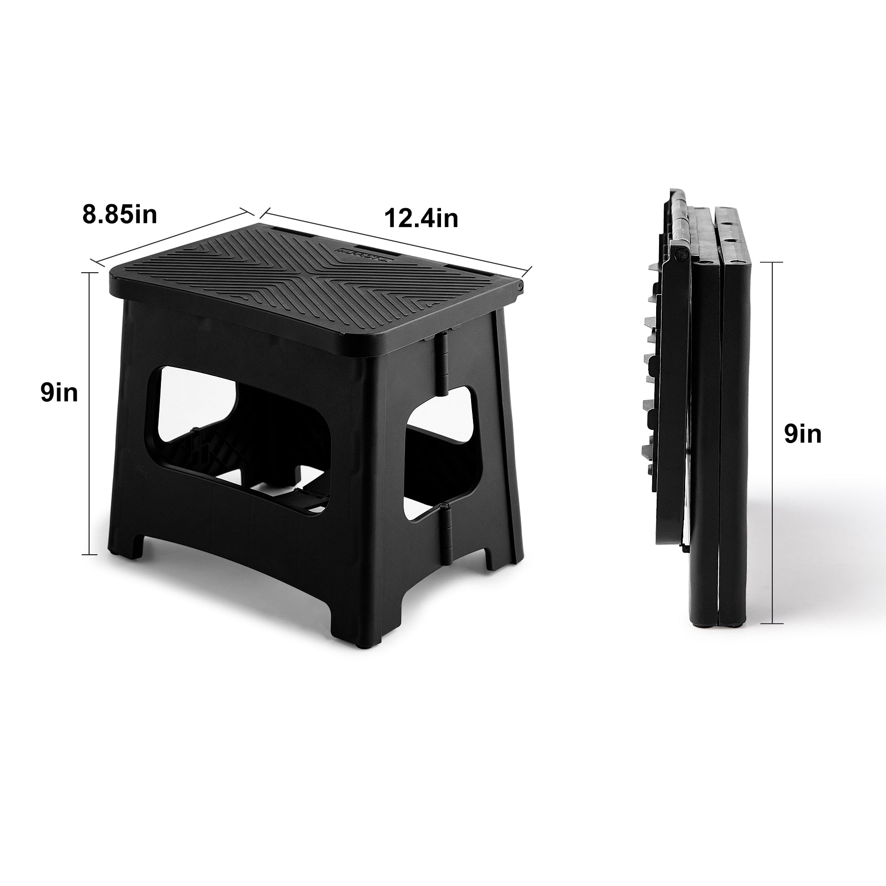 9in Folding Step Stool, Compact, Portable, Non-Slip, 300 lbs. weight capacity for adults and children. Secure non-slip top and rubber feet, great for home and camping, black color image 8