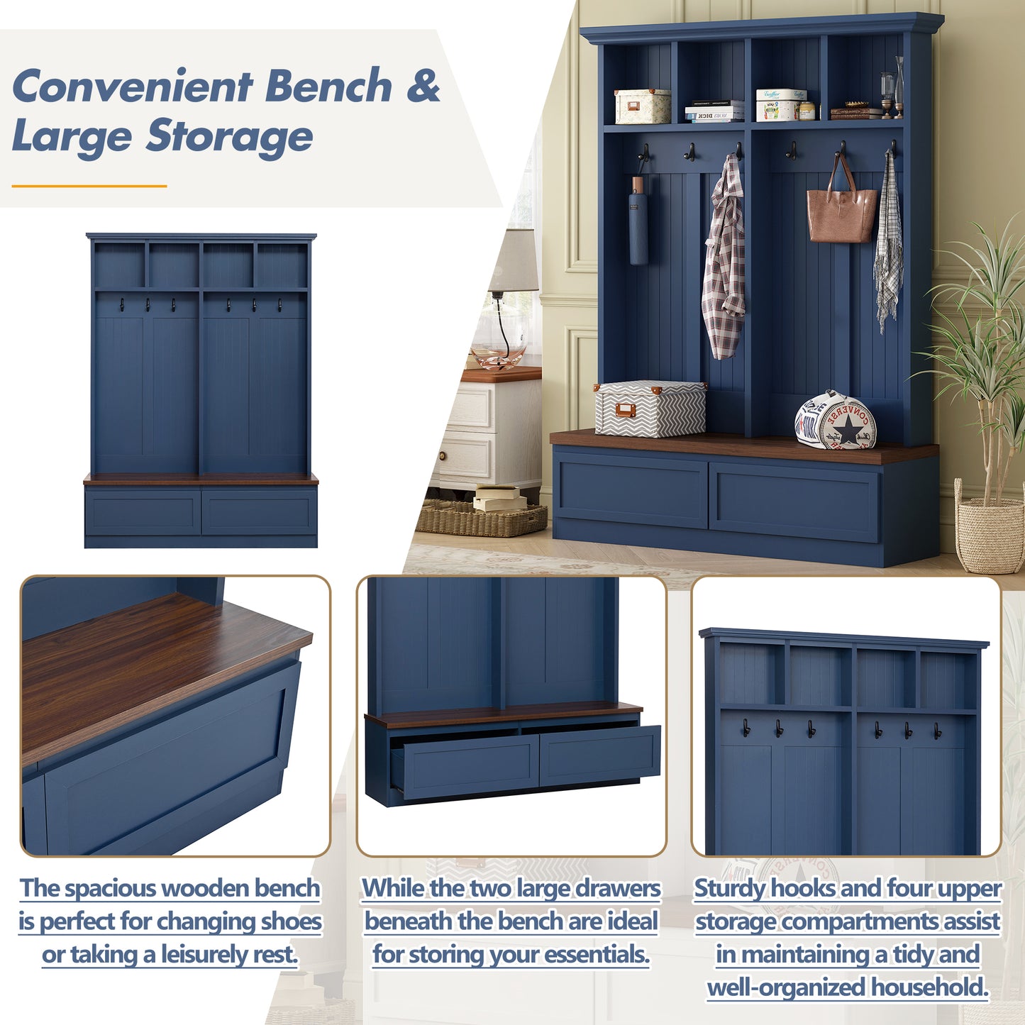 Farmhouse 4-in-1 Hall Tree with Wood Grain Bench, Mudroom Versatile Coat Rack with 2 Large Drawer, Entrance Organizer for Hallway, Living Room, Blue, 55.9"W (OLD SKU: N721P313099C) image 5