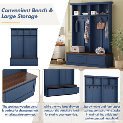 Farmhouse 4-in-1 Hall Tree with Wood Grain Bench, Mudroom Versatile Coat Rack with 2 Large Drawer, Entrance Organizer for Hallway, Living Room, Blue, 55.9"W (OLD SKU: N721P313099C) image 5