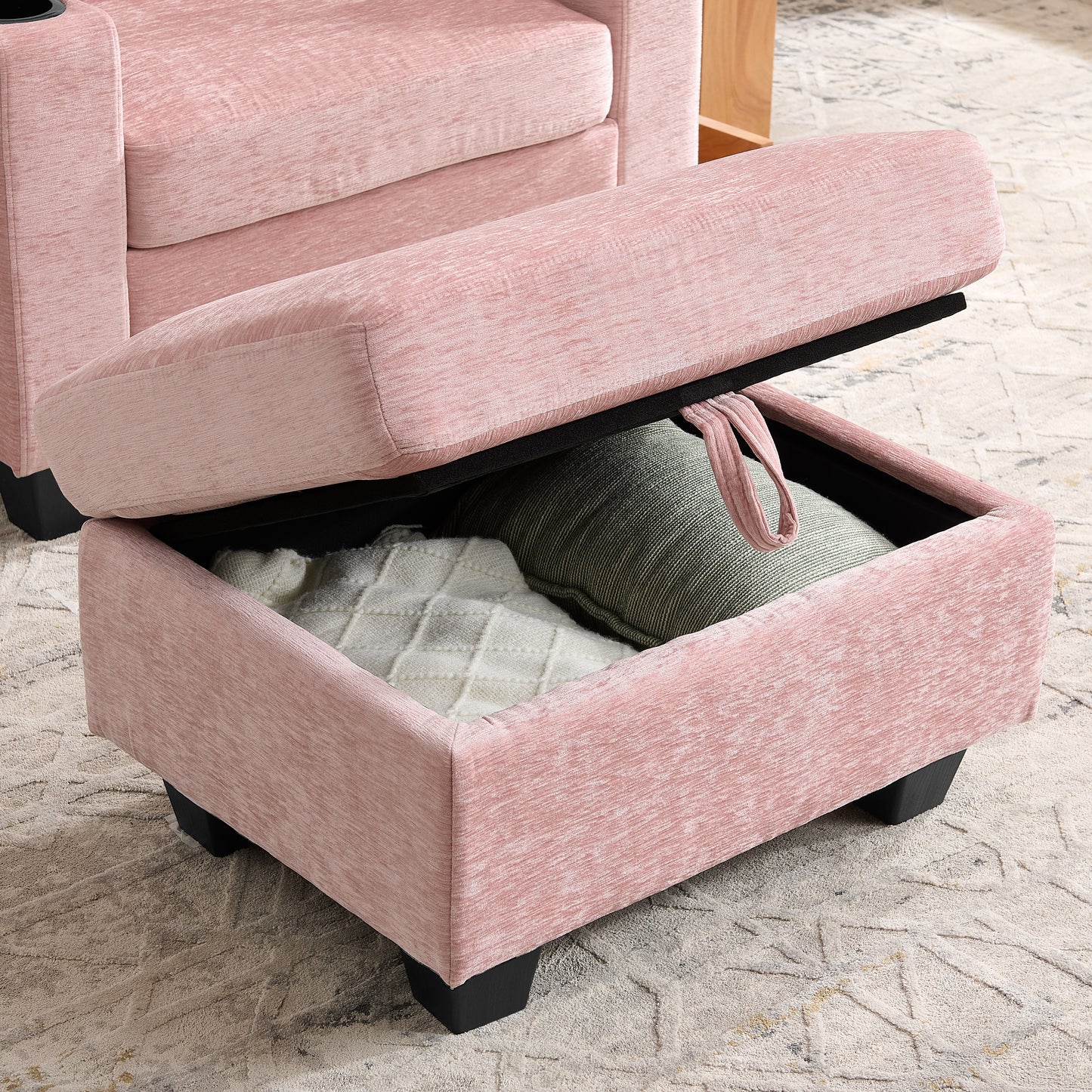 Single sofa recliner with manually adjustable backrest, USB charging port on the armrest side, phone stand included, hidden armrest storage, and a matching storage ottoman-Pink image 7