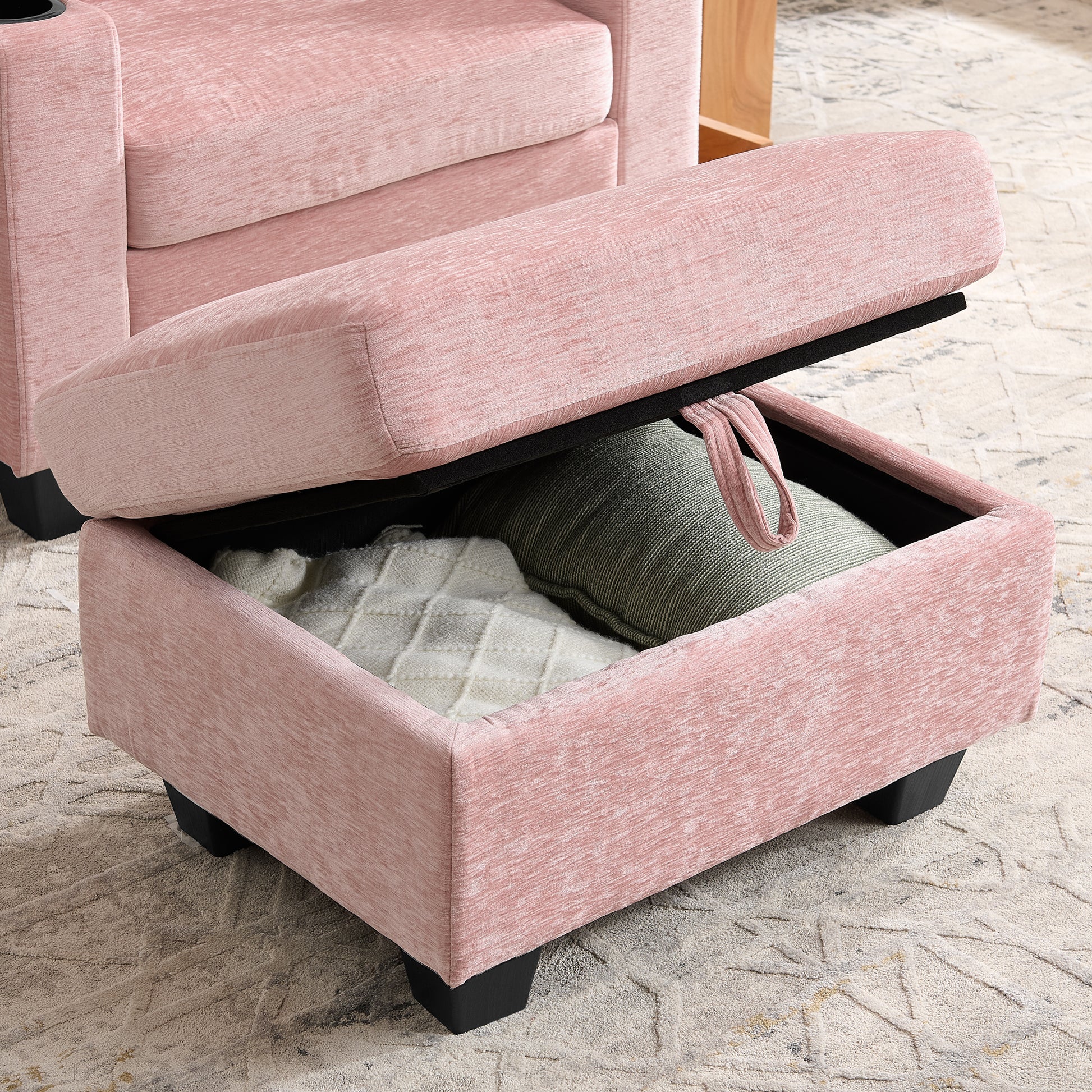 Single sofa recliner with manually adjustable backrest, USB charging port on the armrest side, phone stand included, hidden armrest storage, and a matching storage ottoman-Pink image 7