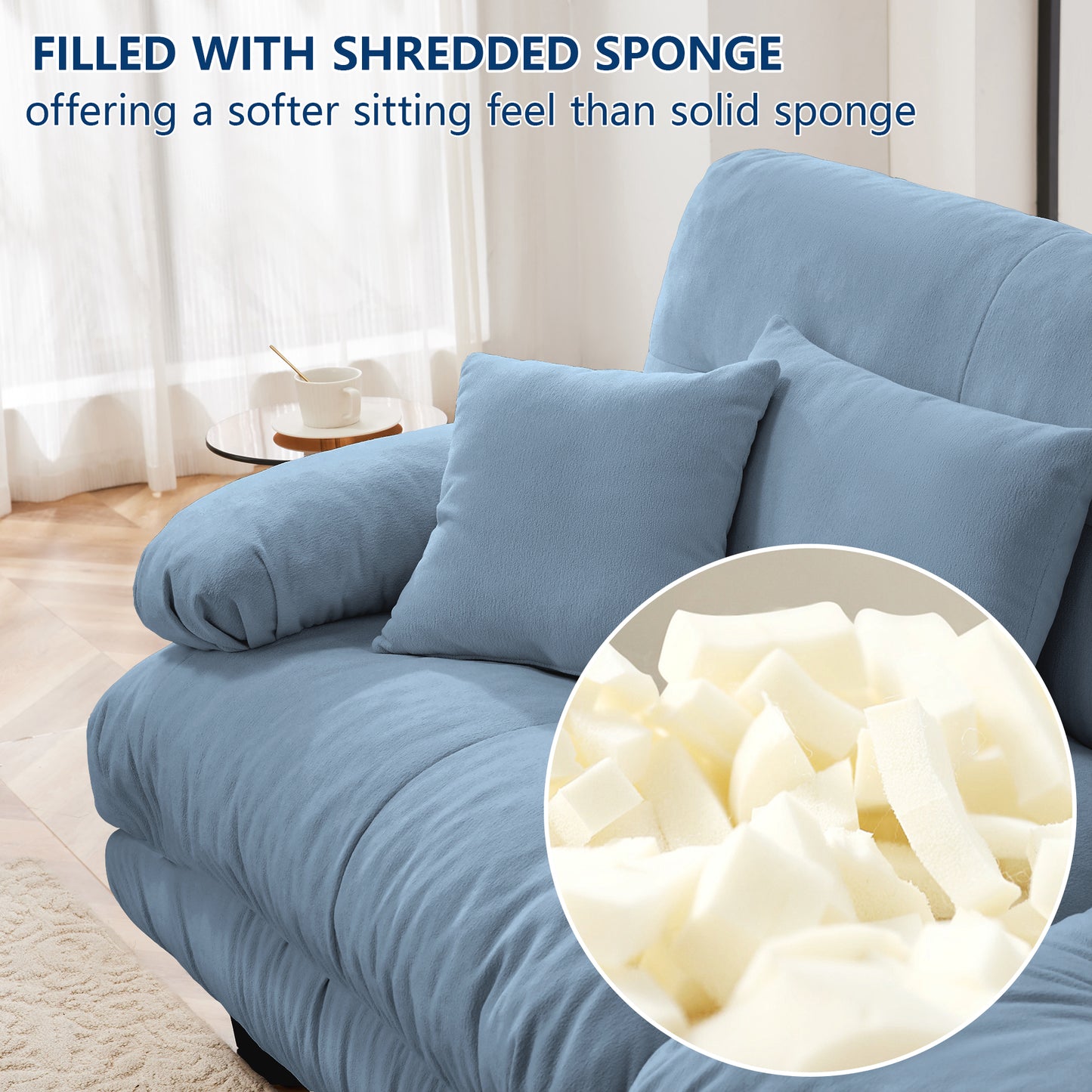 Cloud Couch Sectional Sofa for Living Room, Chenille 2 Seater Sofa with 2 Lumbar pillows and 2 throw pillows, Upholstered Wide Arm Sofa with Convertible Ottoman,Chenille Blue image 6