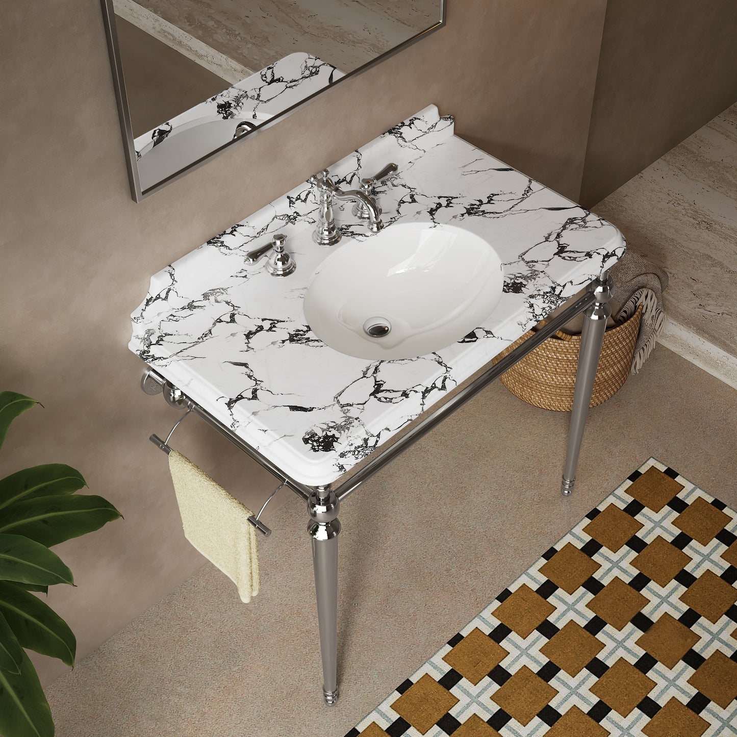 VICI 36" Bathroom Console Sink, Undermount Ceramic Vanity Basin&Panda White Artificial Marble Top with 3 Pre-drilled Faucet Holes, Freestanding Stainless Steel Support Legs with Towel Bar,Chrome Color image 3