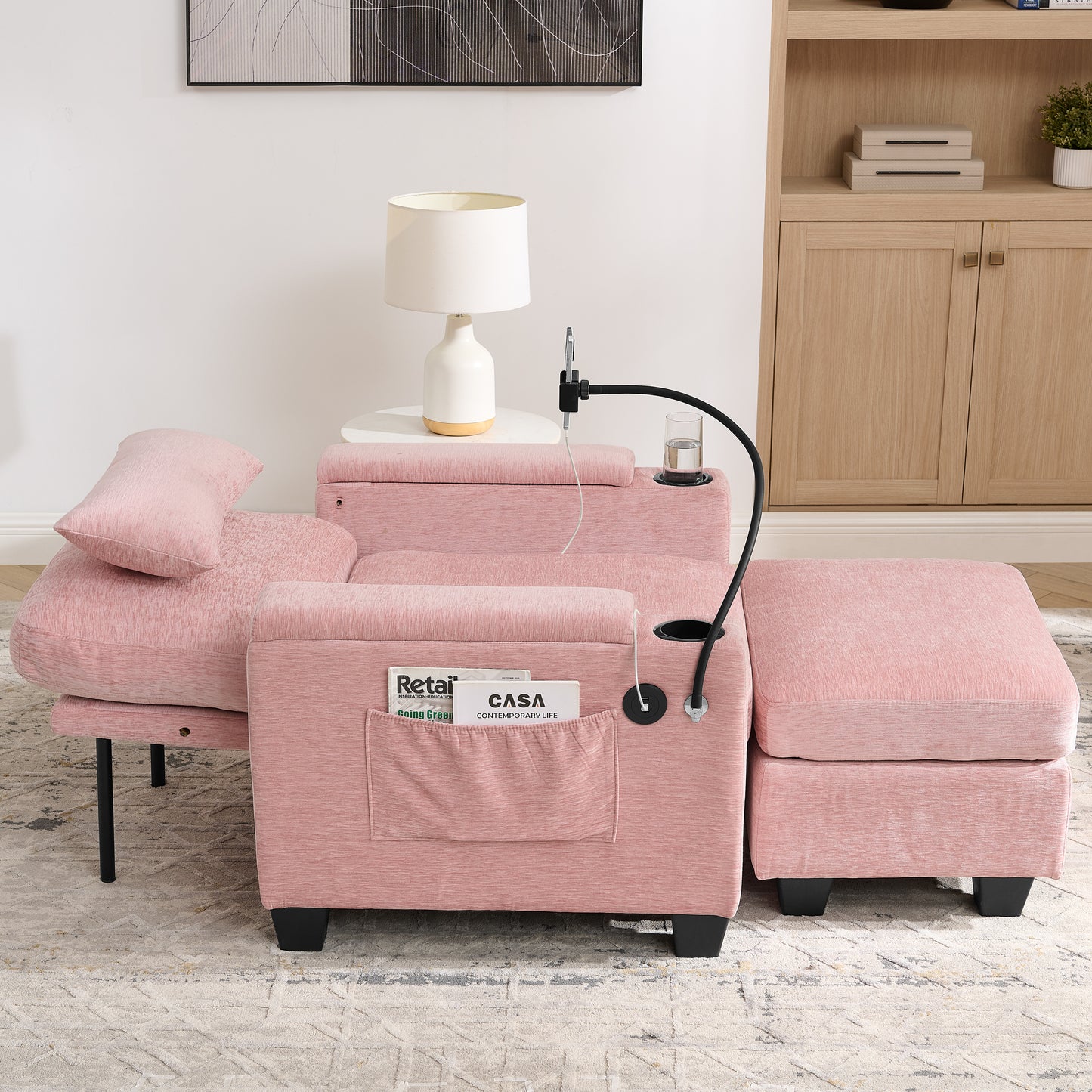 Single sofa recliner with manually adjustable backrest, USB charging port on the armrest side, phone stand included, hidden armrest storage, and a matching storage ottoman-Pink image 4