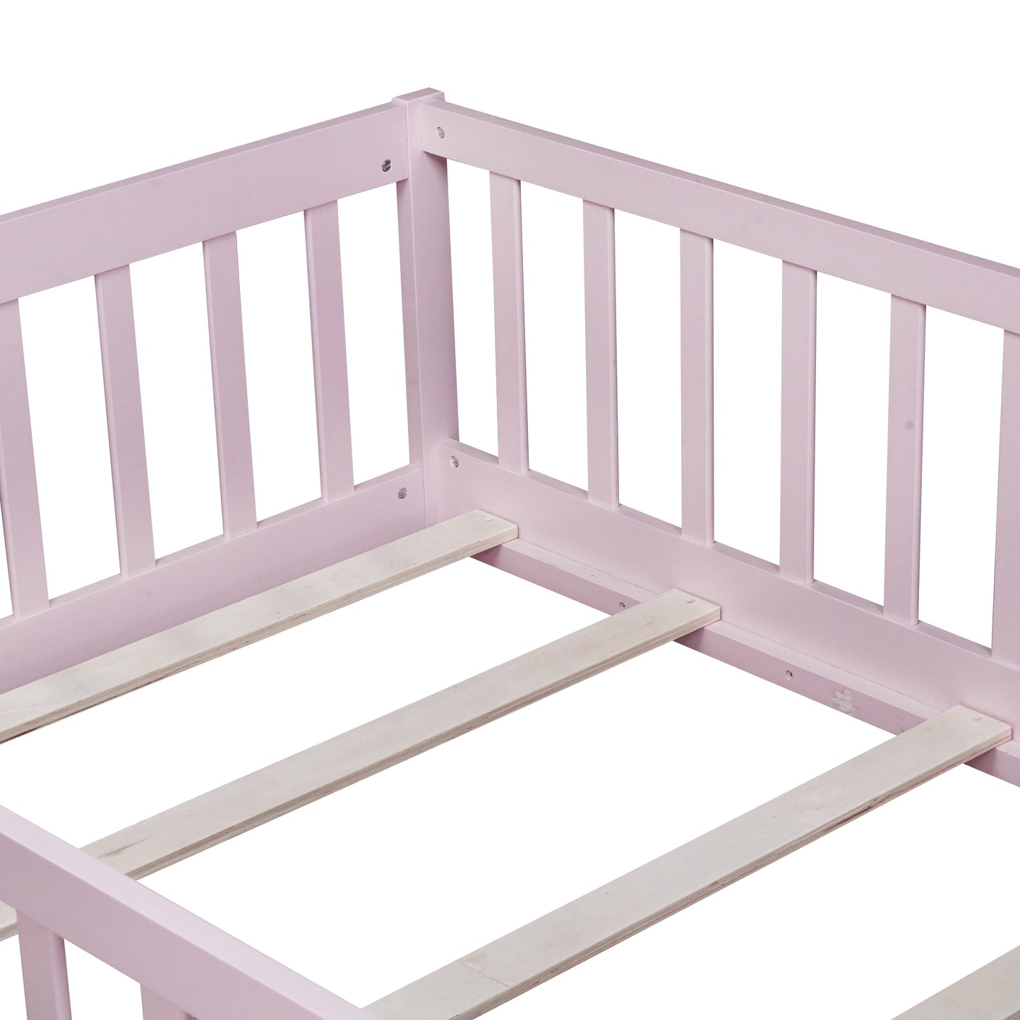 Twin Size Floor Bed with Fence and Door,Rubber Wood Floor Bed with Safety Guardrails,Pink image 8