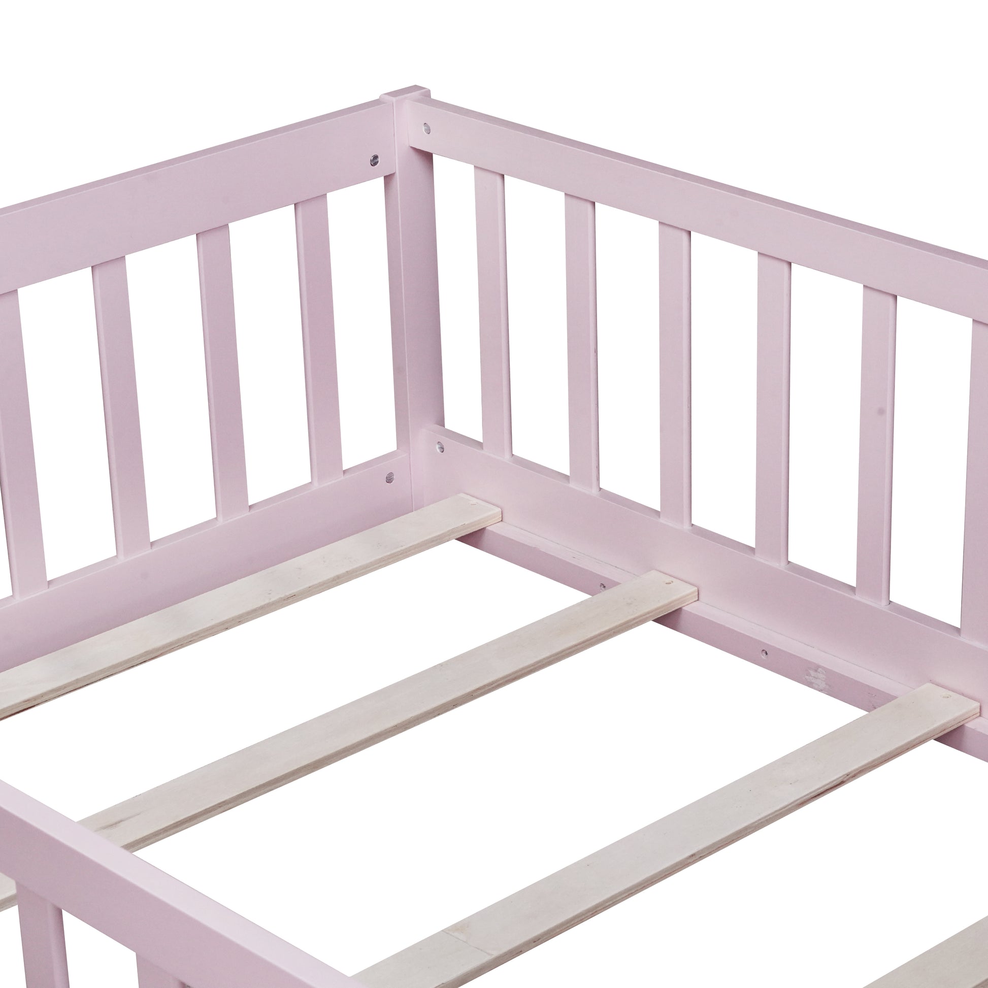Twin Size Floor Bed with Fence and Door,Rubber Wood Floor Bed with Safety Guardrails,Pink image 8