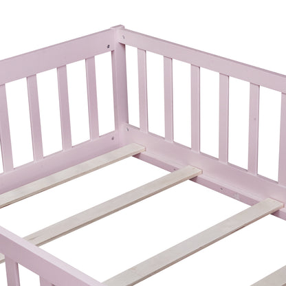 Twin Size Floor Bed with Fence and Door,Rubber Wood Floor Bed with Safety Guardrails,Pink image 8