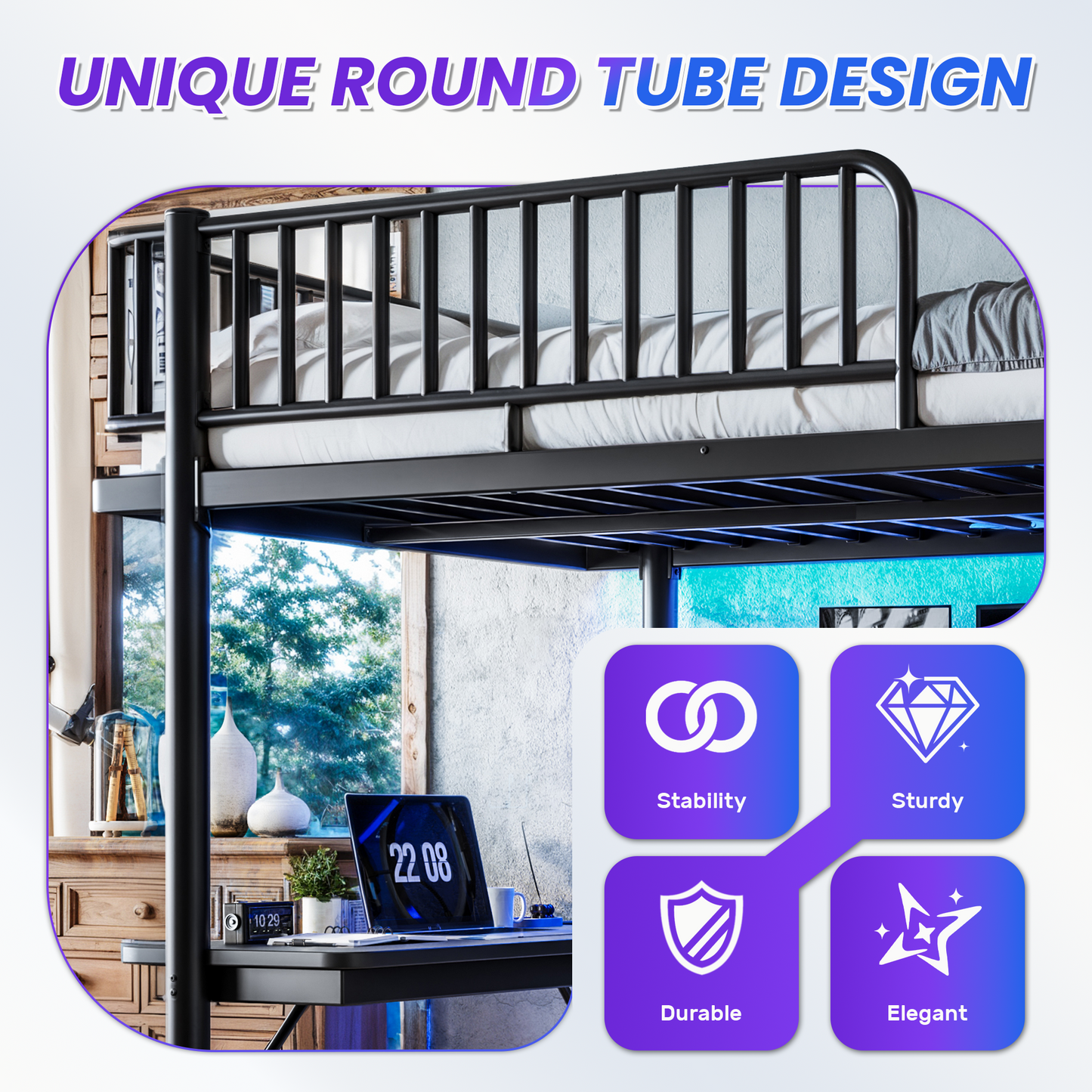 Queen Loft Bed with L-Shaped Desk,LED Light Strip and Charge Station, Metal Loft Bed with Computer Mainframe Tray and Hanging Area, Special Round Pipe Design, Black image 9