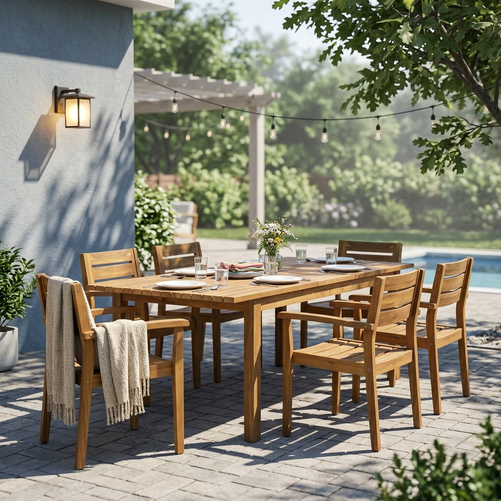 7 Pieces Acacia Wood Outdoor Dining Set s,Modern 6 Chairs 1 Large Table,Dining Furniture Set for Lawn, Backyard, Garden Deck,Poolside,Teak image 3
