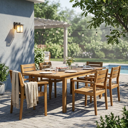 7 Pieces Acacia Wood Outdoor Dining Set s,Modern 6 Chairs 1 Large Table,Dining Furniture Set for Lawn, Backyard, Garden Deck,Poolside,Teak image 3