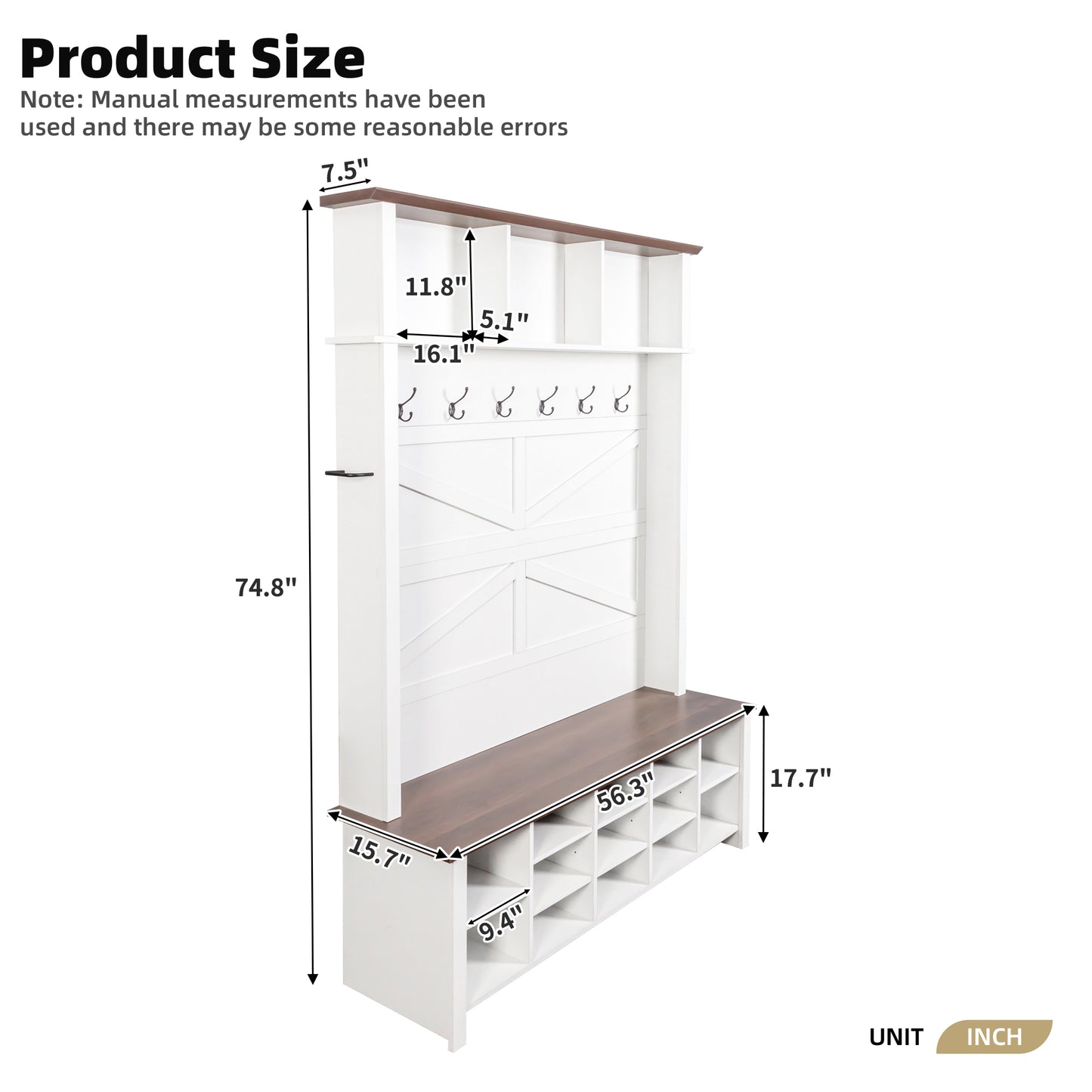 Farmhouse 4-in-1 Hall Tree with 6 Hooks, Walnut Entryway Bench with Shelves, Wooden Style Rustic Shoe Organizer with 16 Open Compartments for Mudroom, Living Room, White (OLD SKU: N721P264915K) image 7