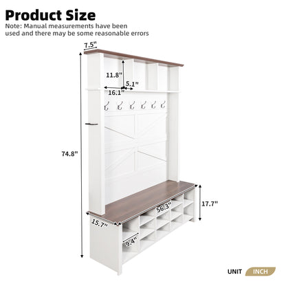 Farmhouse 4-in-1 Hall Tree with 6 Hooks, Walnut Entryway Bench with Shelves, Wooden Style Rustic Shoe Organizer with 16 Open Compartments for Mudroom, Living Room, White (OLD SKU: N721P264915K) image 7
