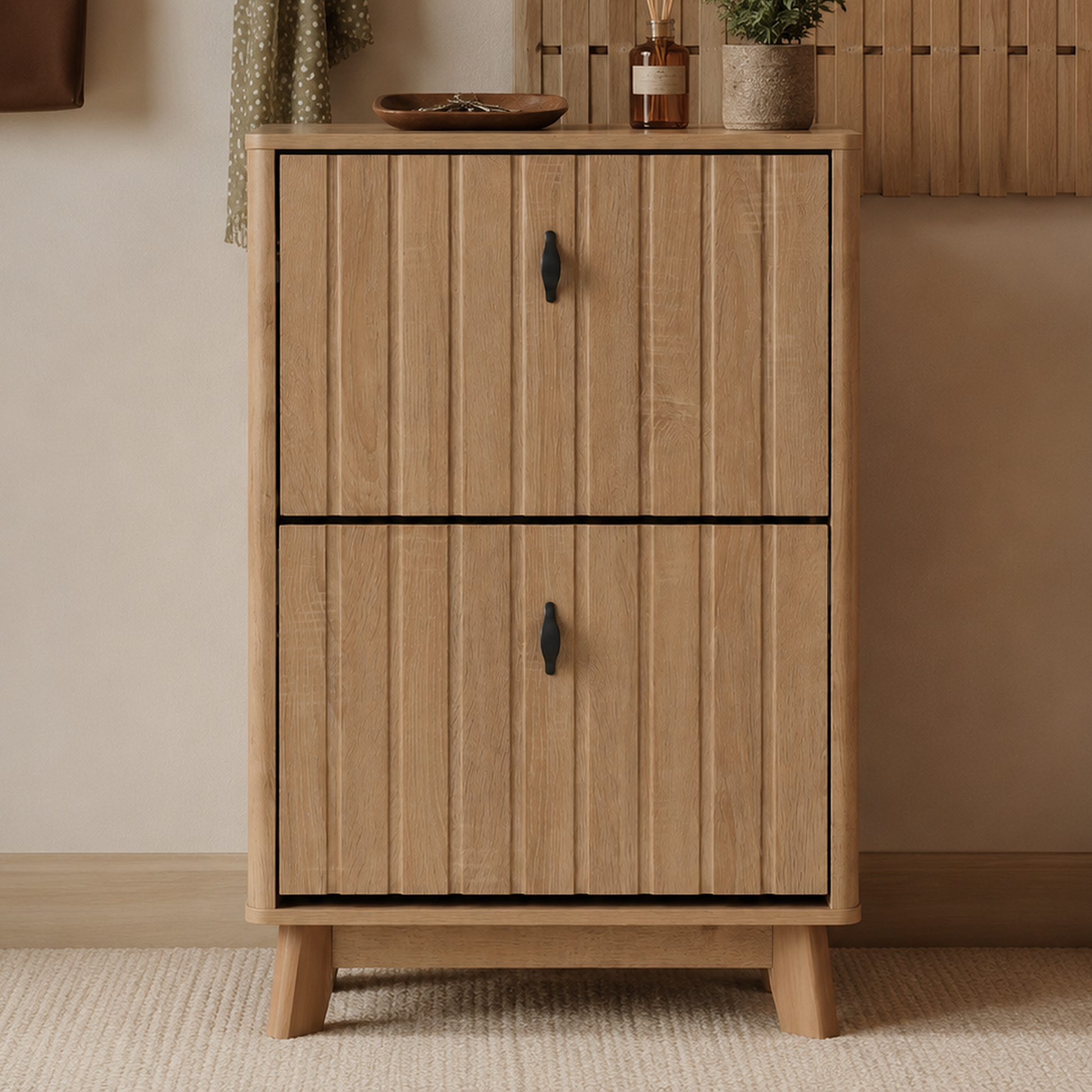 23.6-inch entryway shoe cabinet, ultra-thin flip-down large-capacity dustproof shoe rack for home use, medieval-modern freestanding shoe cabinet, oak color. image 1