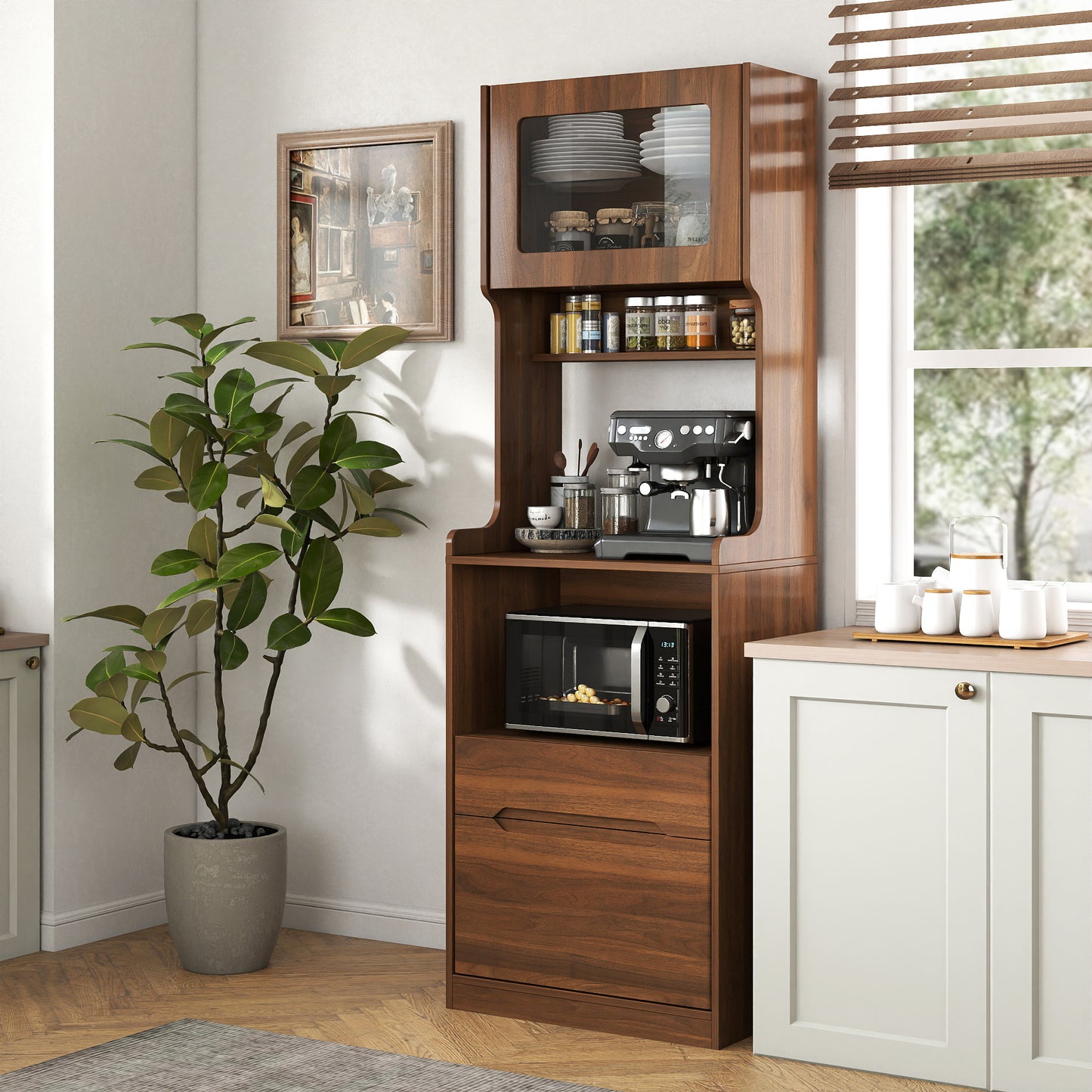 Kitchen Pantry Hutch Storage Cabinet, Farmhouse Kitchen Hutch Buffet Cabinet with Microwave Stand, Freestanding Buffet Sideboard Coffee Bar Cabinet image 3