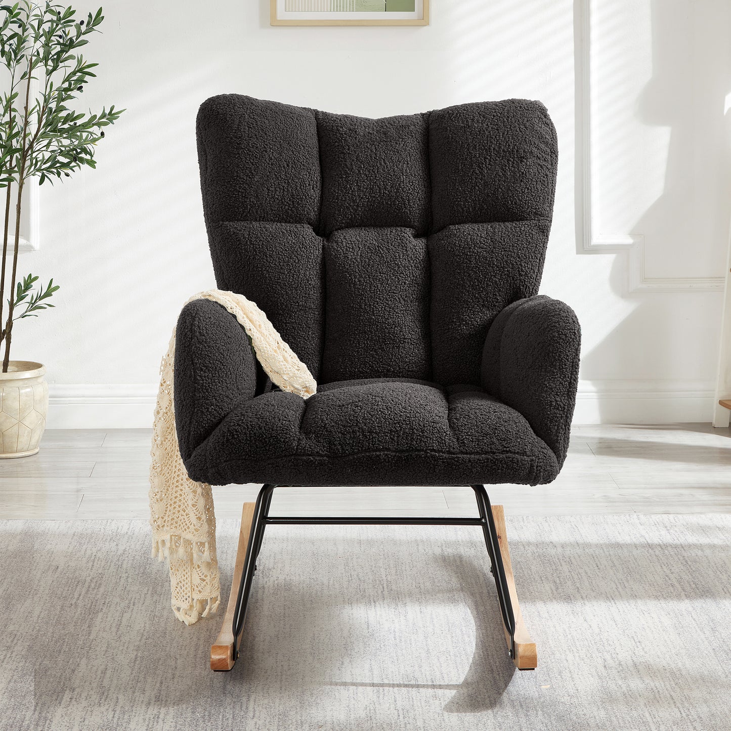 Glider Chair for Living Room Tufted Upholstered Teddy Fabric Rocking Chair with Metal Frame Accent Chair Dark Gray image 2