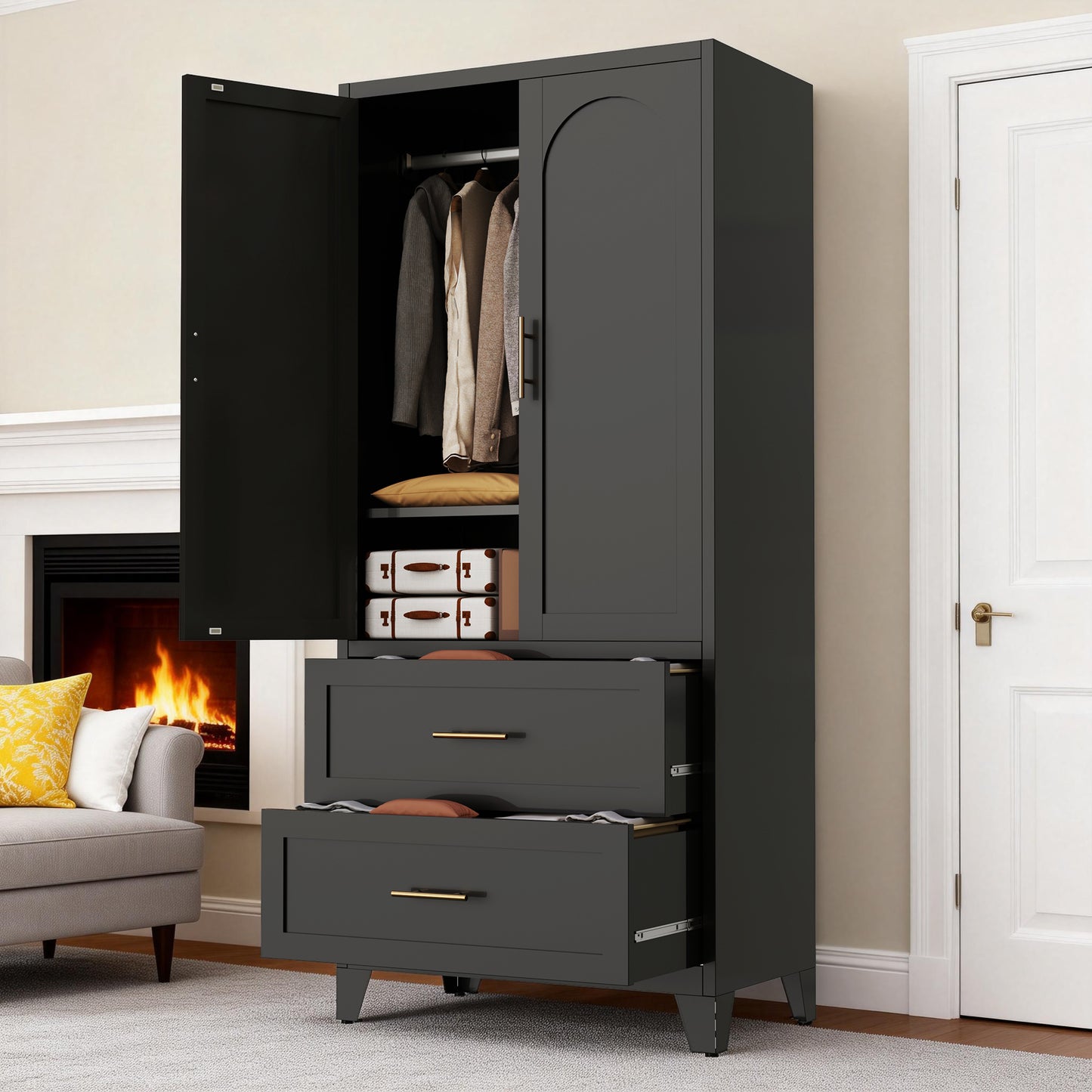 71" Tall Metal Wardrobe Cabinet with 2 Drawers and Hanging Rod, 2 Doors Wardrobe Closet with Shelf for Bedroom, Office, Laundry Room,Entryway,Foyer,Guesthouse (Black) image 8