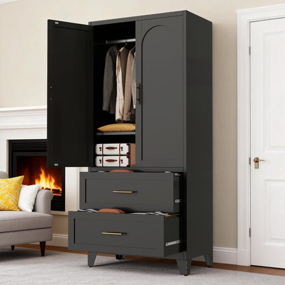 71" Tall Metal Wardrobe Cabinet with 2 Drawers and Hanging Rod, 2 Doors Wardrobe Closet with Shelf for Bedroom, Office, Laundry Room,Entryway,Foyer,Guesthouse (Black) image 8