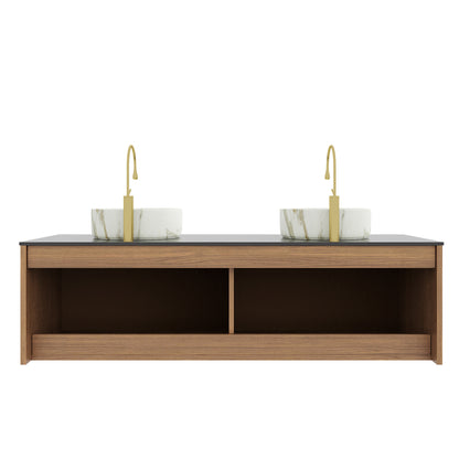 ARAI 60" Bathroom Vanity&Sinks, Floating Plywood Bathroom Storage Cabinet with 4 Doors, 2 White Round Ceramic Basins with Stone Pattern&Black Sintered Stone Countertop, Brown Oak Woodgrain (New SKU) image 4