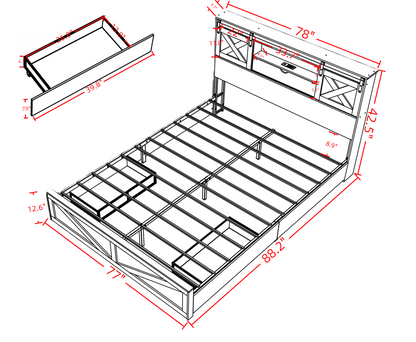Farmhouse Bed Frame King Size with LED Lights and Charging Station, Wooden KING Bed with 2 Storage Drawers, Rustic Headboard with Sliding Barn Door Storage Cabinets image 4