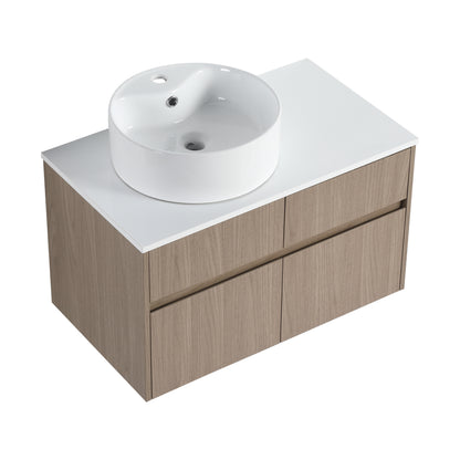 32 Inch Wall-Mounted Bathroom Vanity with Ceramic Art Basin, and PVC Flat Panel, 2-Soft Close Doors and 1-Drawer, KD-Packing, Particle Board image 12