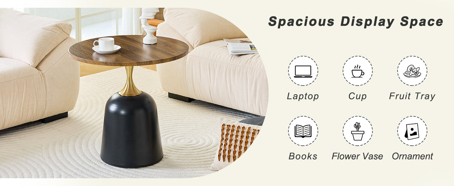 23.6 inch circular side table coffee table, metal base living room table, simple and modern walnut wood grain decoration, negotiation table, unique circular sofa headboard office desk. image 3