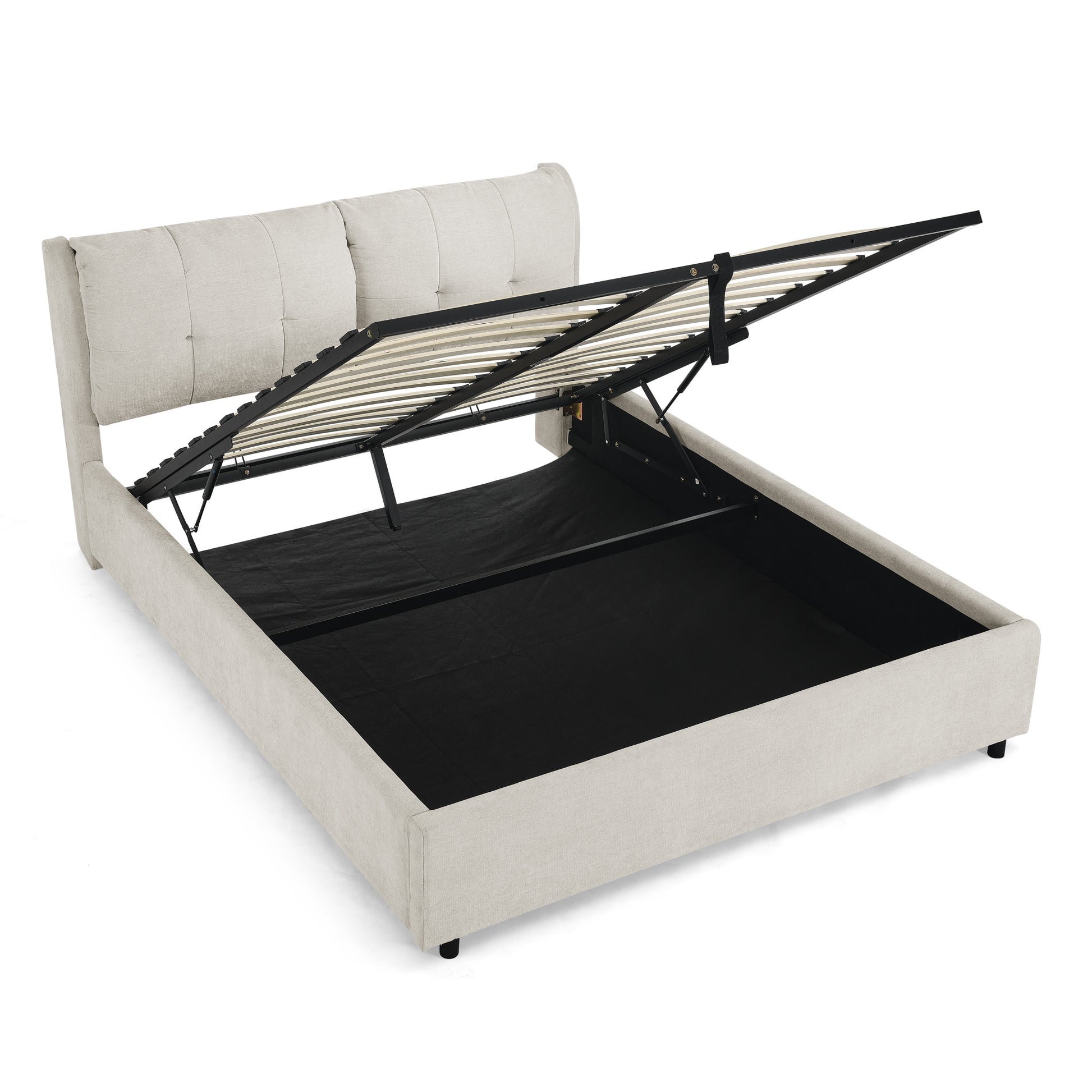 Queen Size Storage Upholstered Hydraulic Platform Bed with Integrated Headboard, Chenille Fabric, Beige image 8