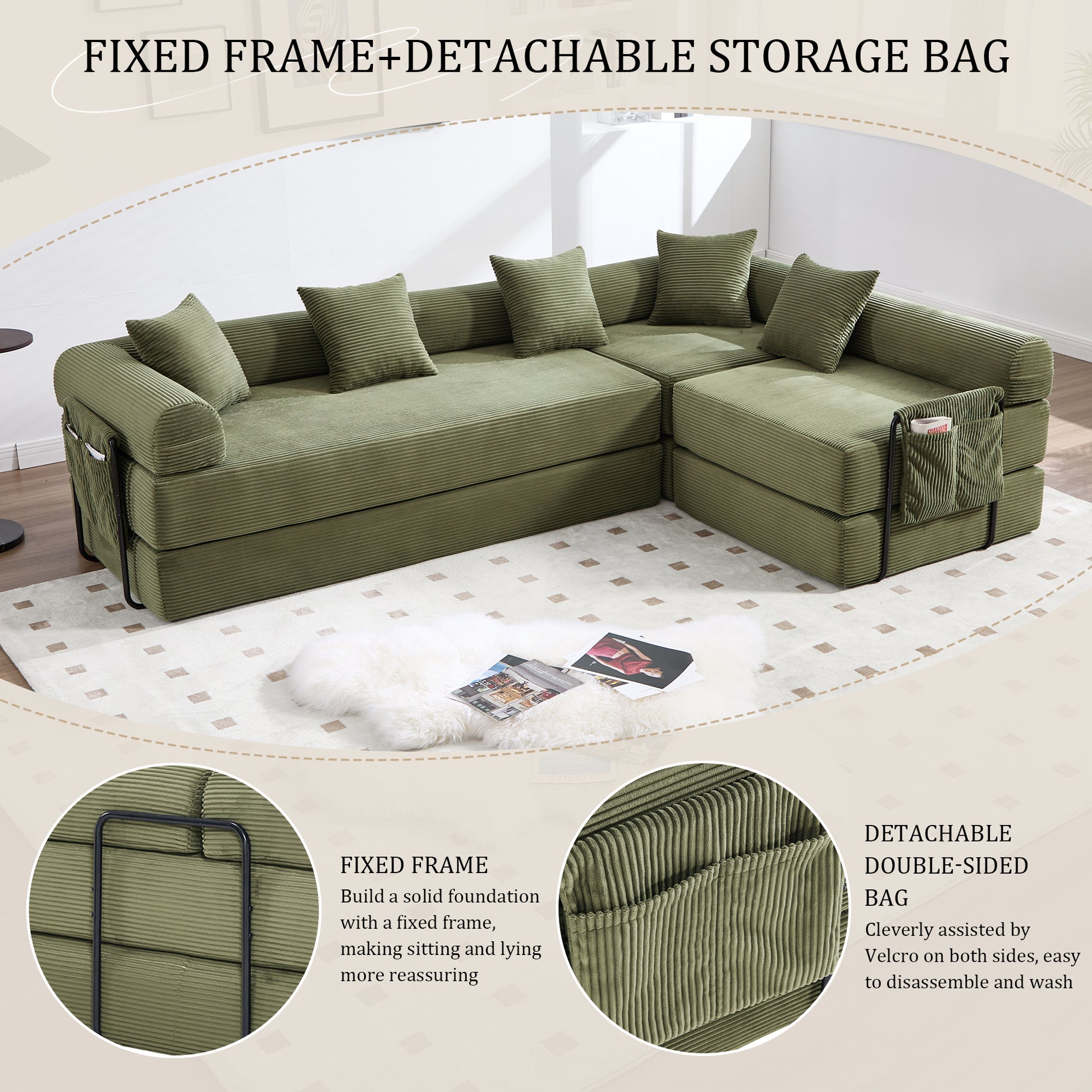 UNITED WE WIN convertible folding sofa bed, with fixed frame and pillow back handrail, cloud corduroy folding mattress sofa, folding memory foam bed in living room/dormitory/guest room/home office/apt image 6