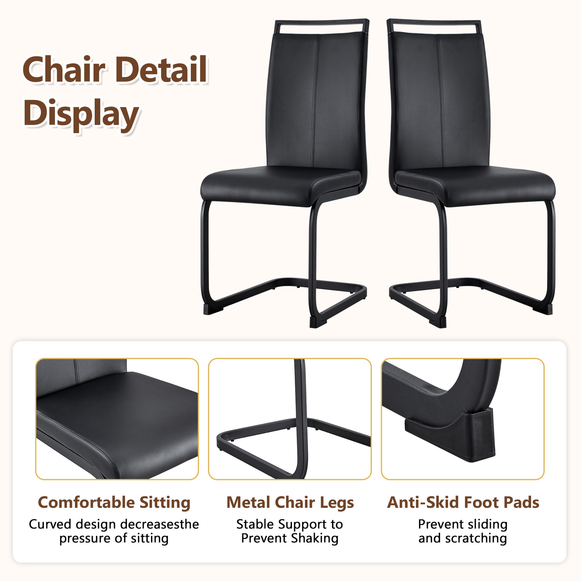 Table and chair set.71 inch long fashionable walnut grain dining table, a practical choice to add color to the home.Paired with 6 Black PU Chairs With C-tube Black Metal Chair Legs. image 8