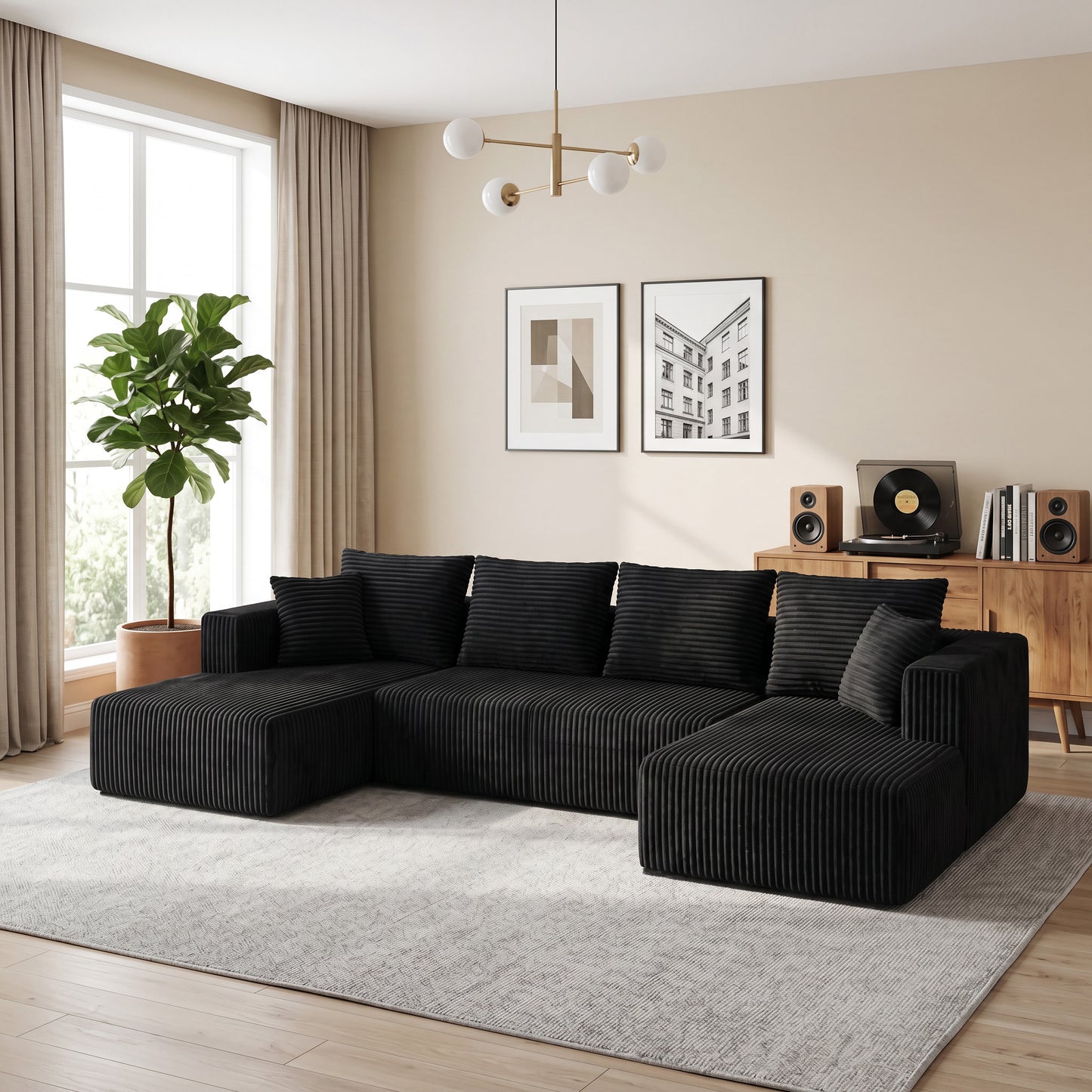 132.1 Inch Modular Sectional Sofa, U-Shaped Corduroy Sofa Couch with Double Chaise, Oversized Deep Seat Cloud Couch for Living Room, Apartment, Black image 2