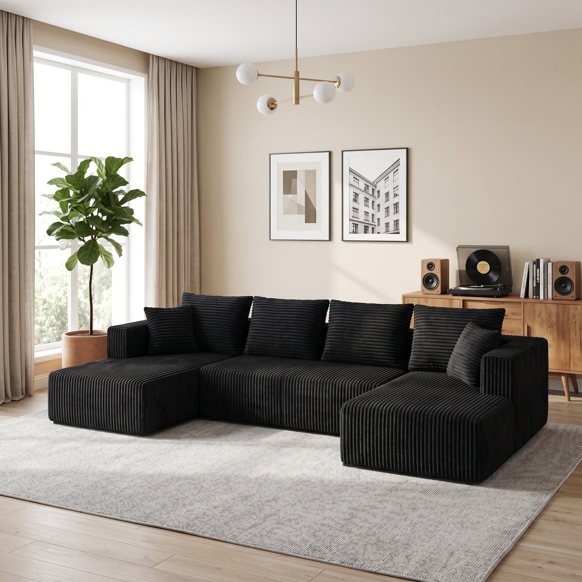 132.1 Inch Modular Sectional Sofa, U-Shaped Corduroy Sofa Couch with Double Chaise, Oversized Deep Seat Cloud Couch for Living Room, Apartment, Black image 2