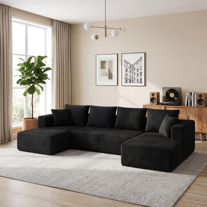 132.1 Inch Modular Sectional Sofa, U-Shaped Corduroy Sofa Couch with Double Chaise, Oversized Deep Seat Cloud Couch for Living Room, Apartment, Black image 2