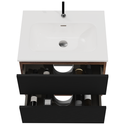 Gloria 24" Wall Mounted Soft Black & Walnut Bathroom Vanity with Integrated Ceramic Sink with Overflow, Large Storage Floating Bathroom Vanity for Modern Bathroom, KD image 5