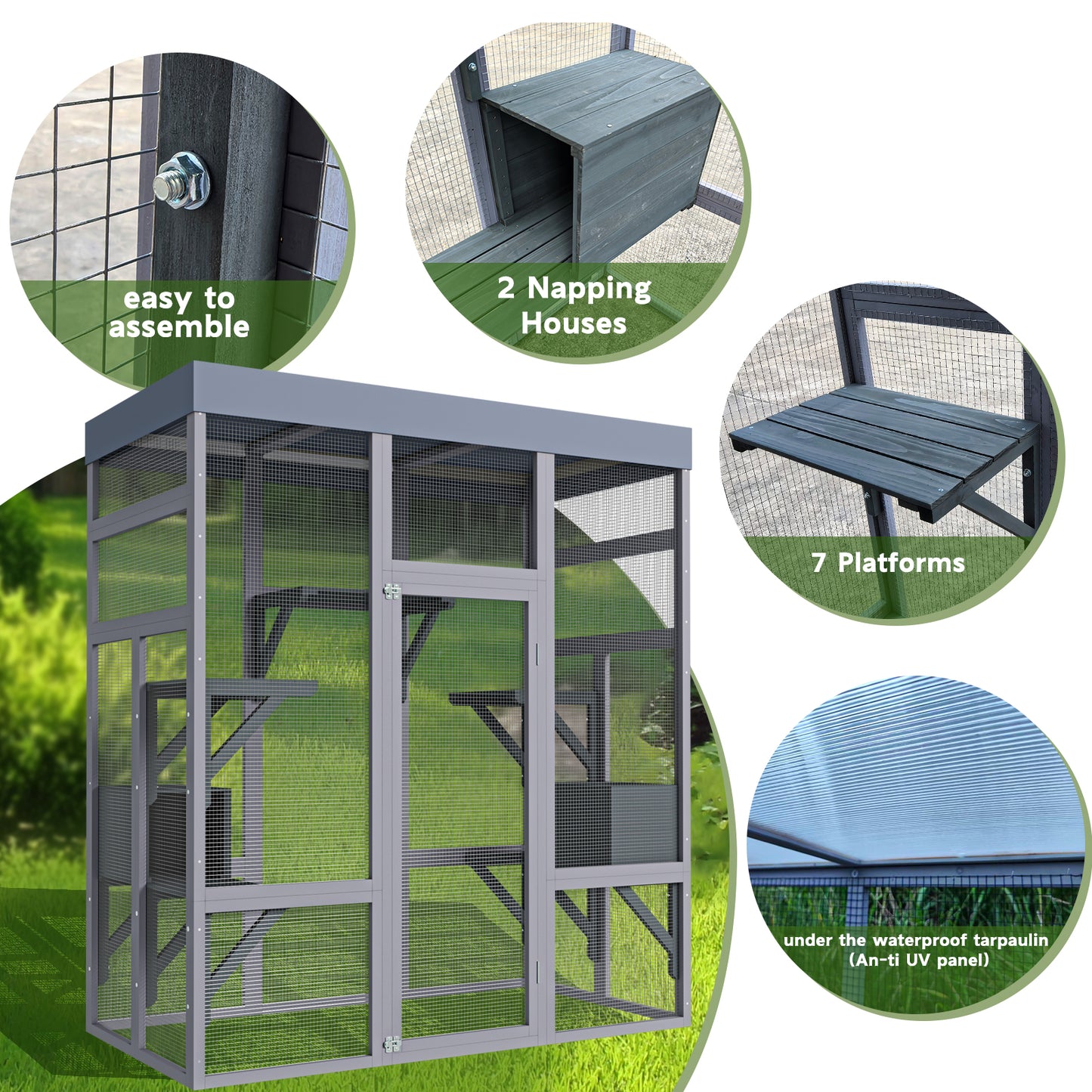 62.6" Wooden Outdoor Catio for Cats, Large Cat Enclosure with Waterproof Roof, 2 Napping House, Platforms & Galvanized Wire – Pet Cage for Backyard or Patio image 9