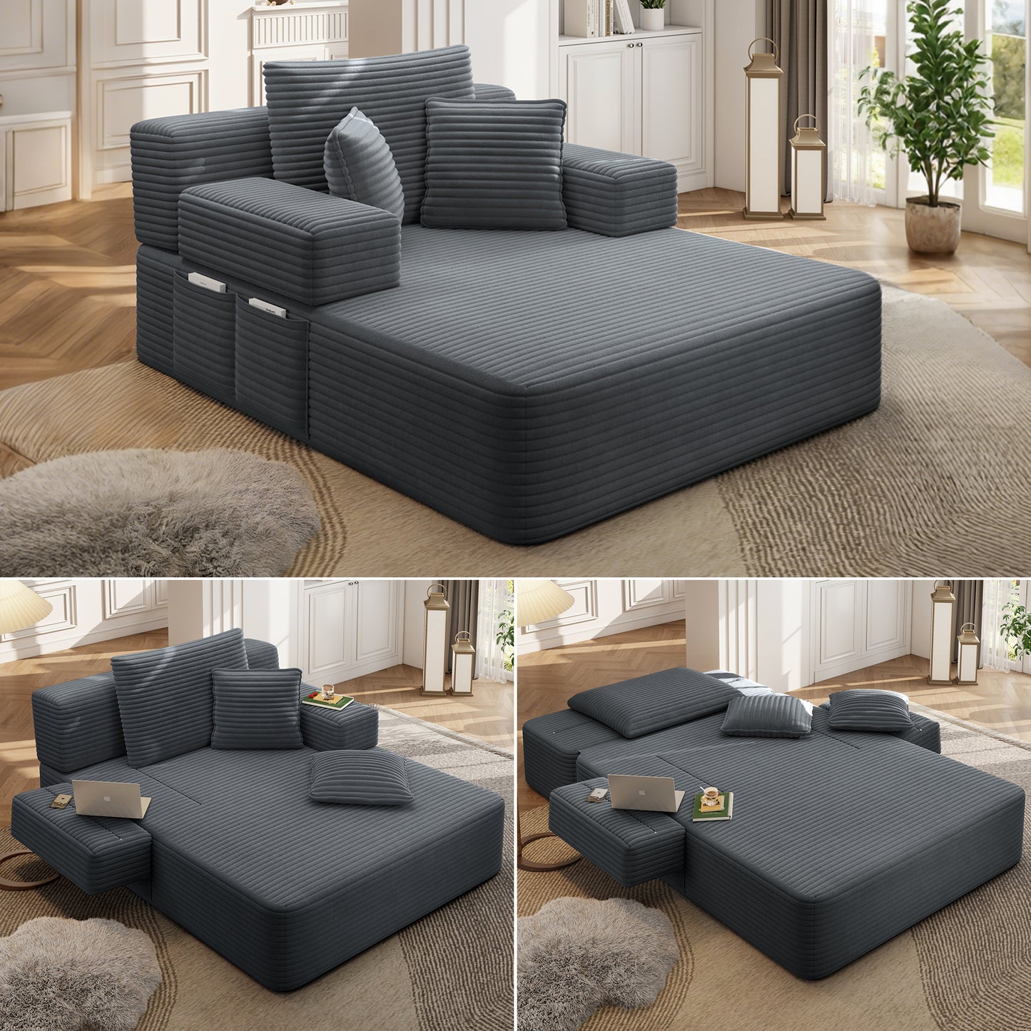 Luxurious Plush Corduroy Chaise Lounge with 3 Pillows, Convertible Sofa Bed with Storage Pocket, Frameless Design & Compression Foam for Small Spaces, Living Room, Apartment,Dark Gray image 1