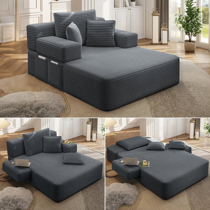 Luxurious Plush Corduroy Chaise Lounge with 3 Pillows, Convertible Sofa Bed with Storage Pocket, Frameless Design & Compression Foam for Small Spaces, Living Room, Apartment,Dark Gray image 1