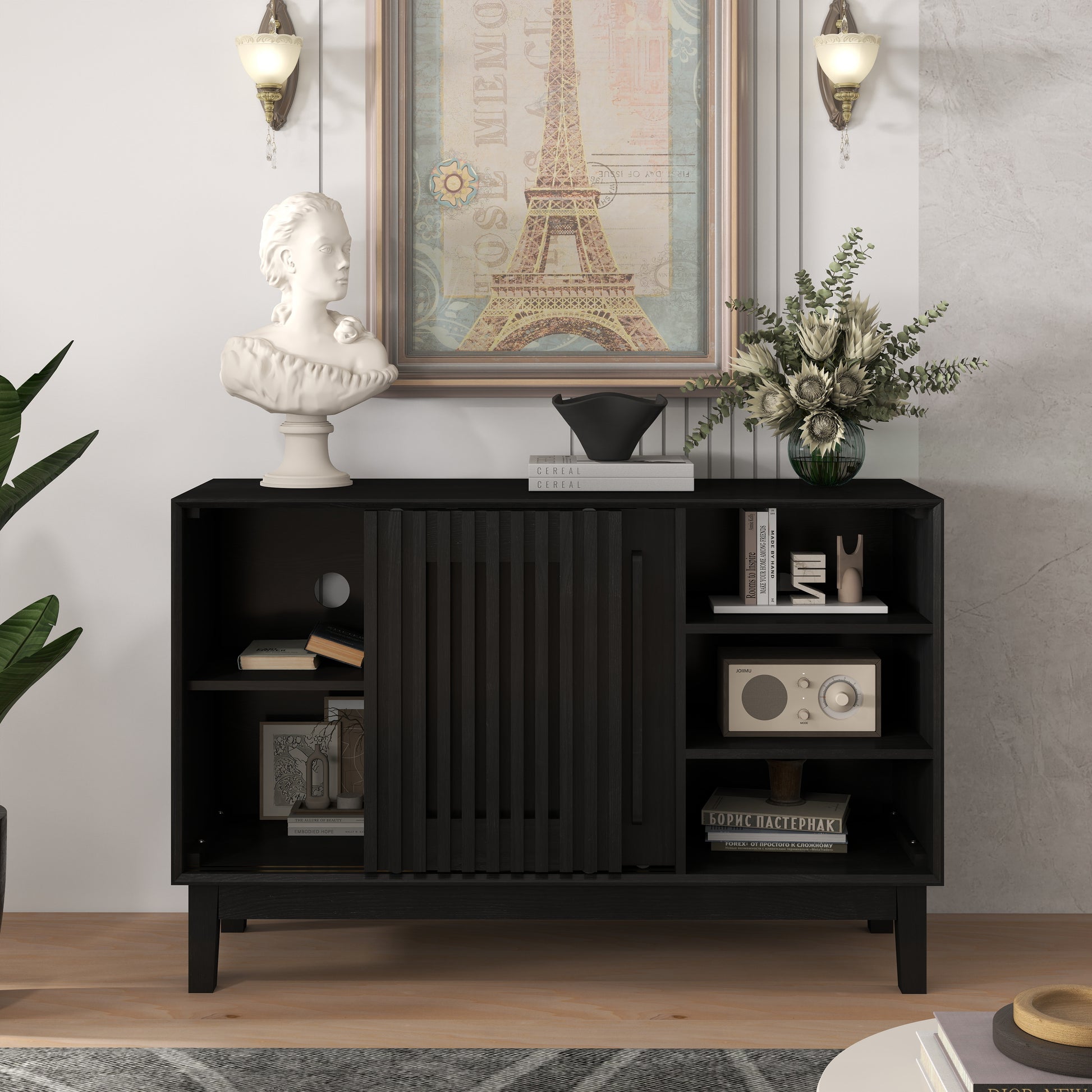 47.3" Sideboard Buffet Cabinet with Storage, Farmhouse Fluted Sideboard with 2 Doors & Solid Wood Feet, TV Media Console, Storage Cabinet for Kitchen Dining Living Room Entryway Hallway, Black image 9