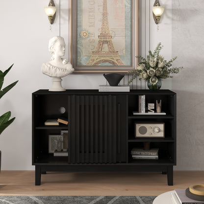 47.3" Sideboard Buffet Cabinet with Storage, Farmhouse Fluted Sideboard with 2 Doors & Solid Wood Feet, TV Media Console, Storage Cabinet for Kitchen Dining Living Room Entryway Hallway, Black image 9