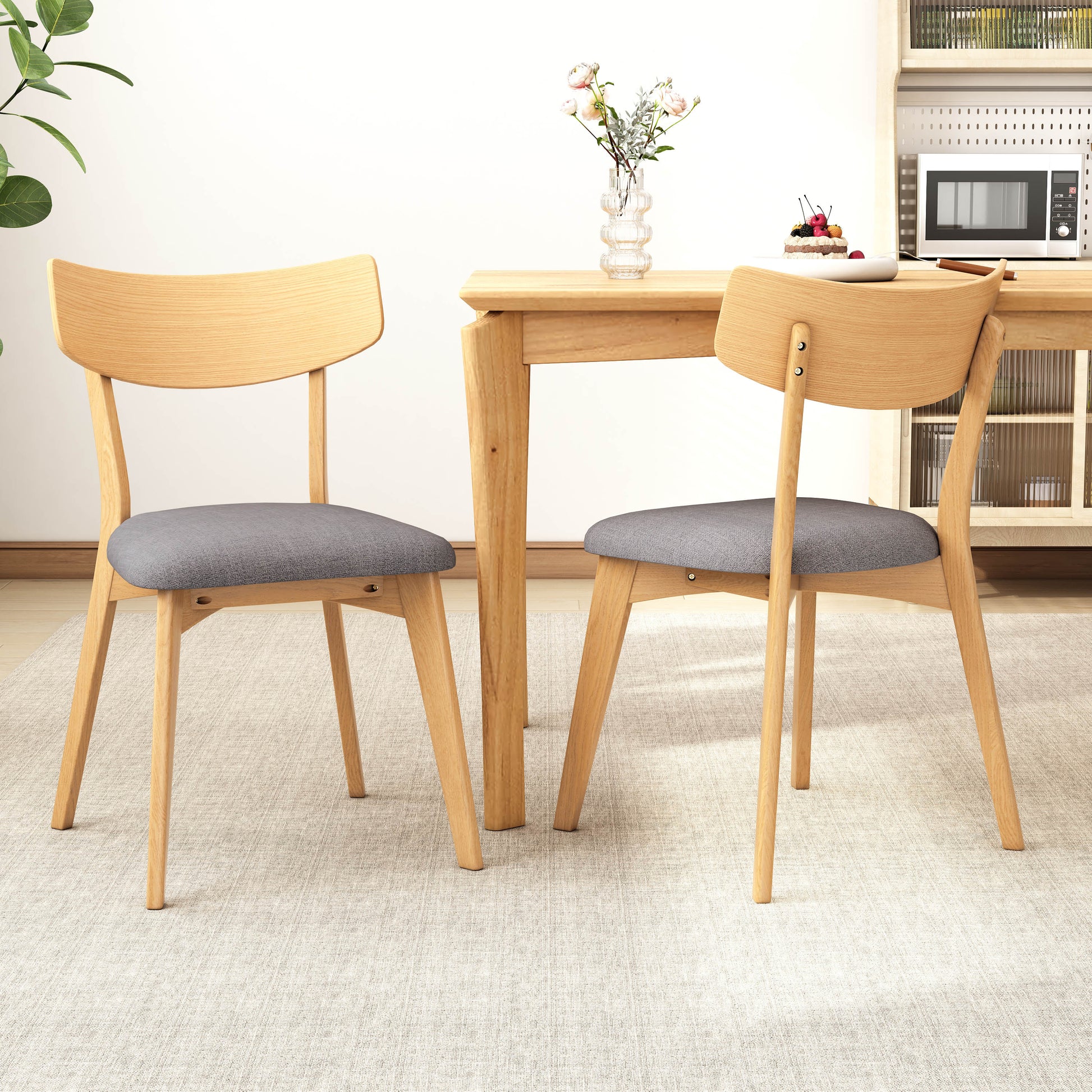 Mid-Century Walnut Finished Frame Upholstered Dining Chairs,Set of 2, Dark Grey+Natural image 1