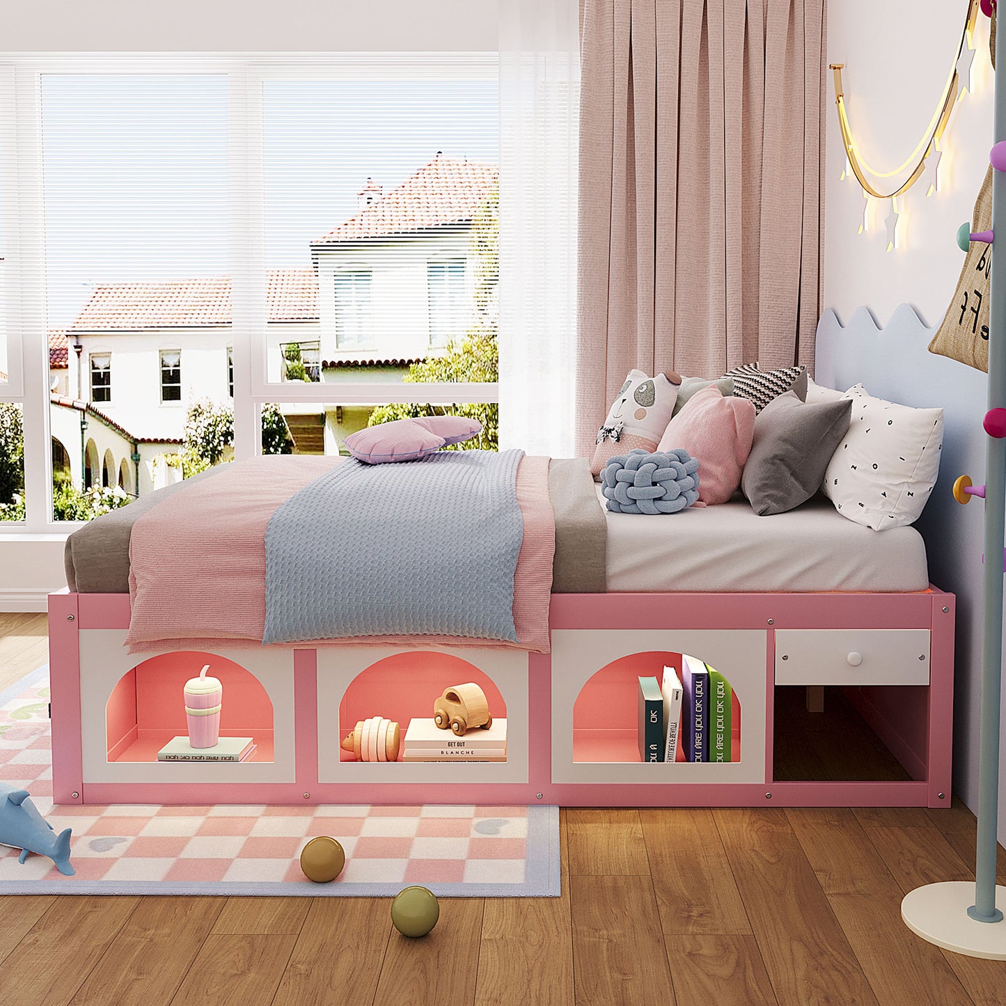 Queen Size Wooden Platform Bed with Bookshelf, Display Cabinet, LED Light and Drawer, Pink+White image 2