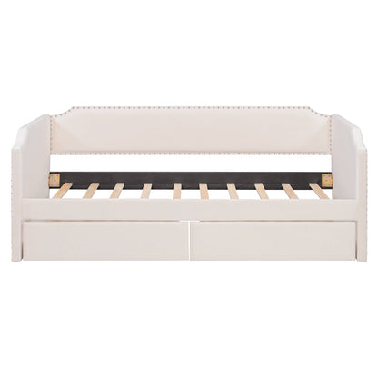 Twin Size Velvet Upholstered Daybed with 2 Drawers, Beige image 8